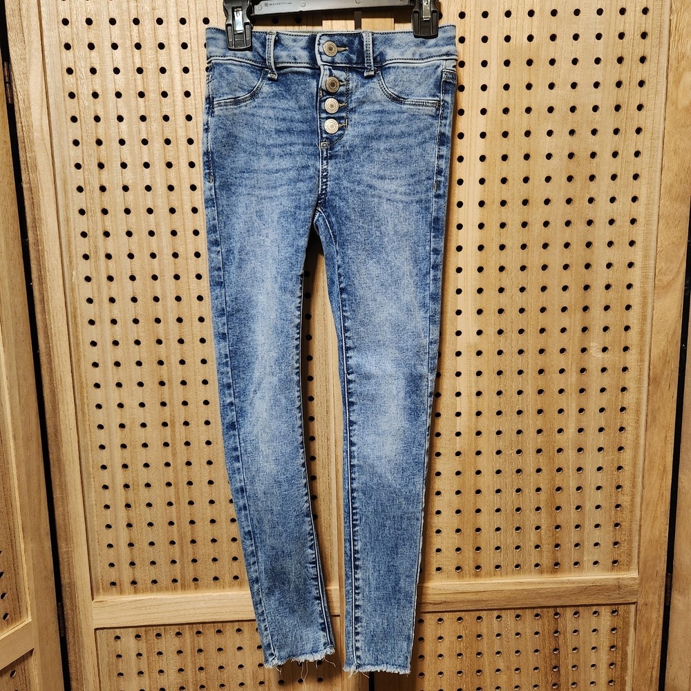 Stonewash Denim Blue Jeans Girls Kids Size 8 Pants‎ Button Fly Fringe Ankle
